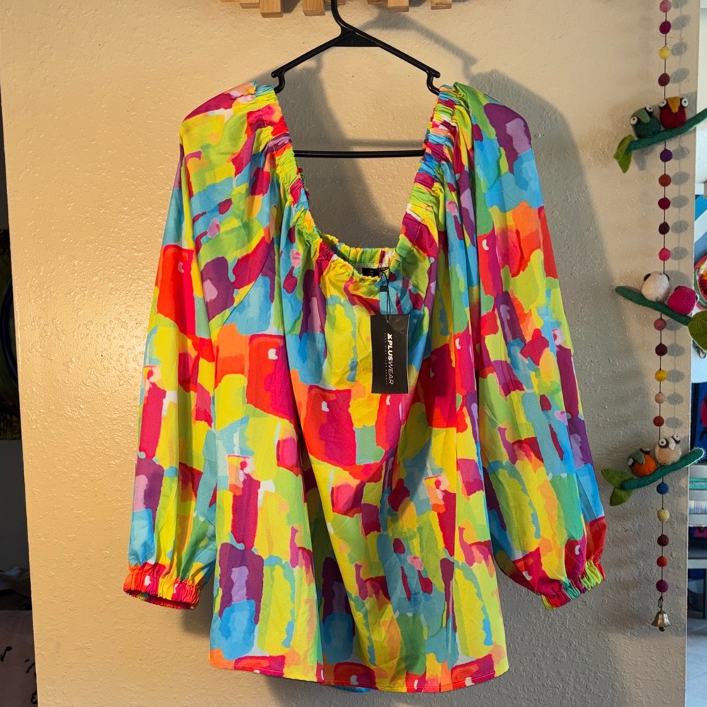 NWT XPLUS WEAR vibrant multicolored off the shoulder, elastic wrist, flowing p
